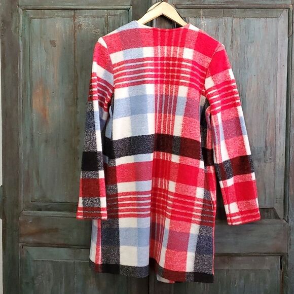CYNTHIA ROWLEY Crew Neck Red Multicolor Plaid Wool Blend Tweed Coat, Size Small - Picture 2 of 8